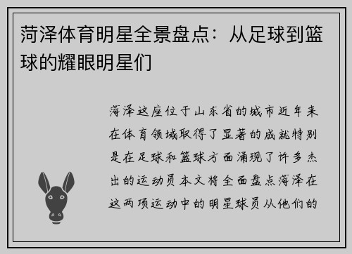 菏泽体育明星全景盘点：从足球到篮球的耀眼明星们